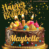 A delightful chocolate birthday cake with bright candles and 'Happy Birthday Maybelle' written in gold amidst a shower of animated stars.