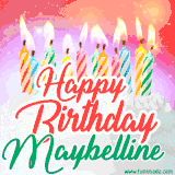 Bright birthday candles with rainbow flames on a cake, alongside the text 'Happy Birthday Maybelline' in vibrant script in this celebratory animated GIF.