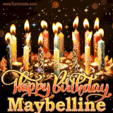 A glowing personalized birthday GIF with name Maybelline featuring lit candles with intricate designs, warm lighting, and the text 'Happy Birthday' in an elegant font.