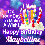 A colorful birthday GIF for Maybelline featuring a cupcake with vibrant lit candles and the text 'It's Your Day to Make a Wish! Happy Birthday Maybelline' in bold letters on a festive purple background.