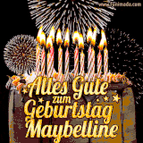 A chocolate birthday cake with glowing candles, the German text 'Alles Gute zum Geburtstag Maybelline,' and vibrant fireworks lighting up the background in an animated GIF.