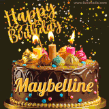 A delightful chocolate birthday cake with bright candles and 'Happy Birthday Maybelline' written in gold amidst a shower of animated stars.