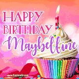 A vibrant birthday GIF featuring a rainbow-colored cupcake topped with white frosting, sprinkles, and a lit candle. The text reads 'Happy Birthday Maybelline' in bold pink and violet letters with white outline.