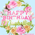 A charming animated GIF featuring 'Happy Birthday Maybelline' in pink and green text, surrounded by delicate roses, leaves, and fluttering butterflies on a soft light blue pastel background.