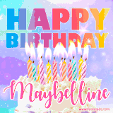 A vibrant animated name GIF with the words 'Happy Birthday Maybelline' with colorful candles on a creamy cake. The background sparkles with pastel shades, adding a festive touch.
