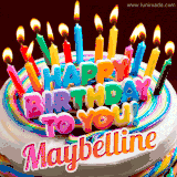 A colorful birthday cake topped with lit candles, with the words 'Happy Birthday Maybelline' in bold glowing letters on a burgundy background. Animated flames add a festive touch.