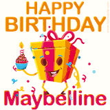 A vibrant and funny gift box character with a happy face dancing with a cupcake and the text 'Happy Birthday Maybelline,' surrounded by animated confetti and party vibes.