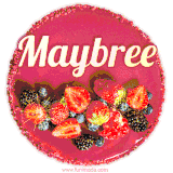 Beautifully decorated red velvet berry birthday cake with vibrant fruits and a glowing 'Maybree' name, adding a touch of sweetness and sparkle.