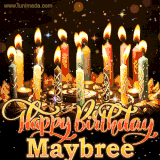 A glowing personalized birthday GIF with name Maybree featuring lit candles with intricate designs, warm lighting, and the text 'Happy Birthday' in an elegant font.