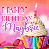 A vibrant birthday GIF featuring a rainbow-colored cupcake topped with white frosting, sprinkles, and a lit candle. The text reads 'Happy Birthday Maybree' in bold pink and violet letters with white outline.