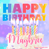 A vibrant animated name GIF with the words 'Happy Birthday Maybree' with colorful candles on a creamy cake. The background sparkles with pastel shades, adding a festive touch.
