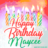Bright birthday candles with rainbow flames on a cake, alongside the text 'Happy Birthday Maycee' in vibrant script in this celebratory animated GIF.