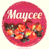 Beautifully decorated red velvet berry birthday cake with vibrant fruits and a glowing 'Maycee' name, adding a touch of sweetness and sparkle.