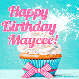 A festive cupcake with pink icing, a gingham bow, and a lit animated sparkler, paired with 'Happy Birthday Maycee!' in bright pink text.