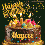 A delightful chocolate birthday cake with bright candles and 'Happy Birthday Maycee' written in gold amidst a shower of animated stars.