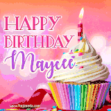 A vibrant birthday GIF featuring a rainbow-colored cupcake topped with white frosting, sprinkles, and a lit candle. The text reads 'Happy Birthday Maycee' in bold pink and violet letters with white outline.