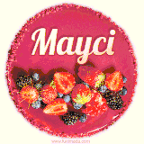 Beautifully decorated red velvet berry birthday cake with vibrant fruits and a glowing 'Mayci' name, adding a touch of sweetness and sparkle.