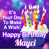 A colorful birthday GIF for Mayci featuring a cupcake with vibrant lit candles and the text 'It's Your Day to Make a Wish! Happy Birthday Mayci' in bold letters on a festive purple background.