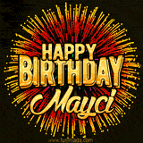Golden 'Happy Birthday Mayci' text accompanied by animated rainbow fireworks for a festive animated greeting.
