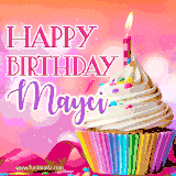 A vibrant birthday GIF featuring a rainbow-colored cupcake topped with white frosting, sprinkles, and a lit candle. The text reads 'Happy Birthday Mayci' in bold pink and violet letters with white outline.