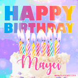A vibrant animated name GIF with the words 'Happy Birthday Mayci' with colorful candles on a creamy cake. The background sparkles with pastel shades, adding a festive touch.