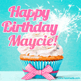 A festive cupcake with pink icing, a gingham bow, and a lit animated sparkler, paired with 'Happy Birthday Maycie!' in bright pink text.
