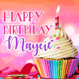 A vibrant birthday GIF featuring a rainbow-colored cupcake topped with white frosting, sprinkles, and a lit candle. The text reads 'Happy Birthday Maycie' in bold pink and violet letters with white outline.