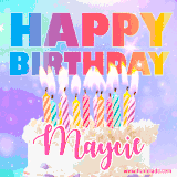 A vibrant animated name GIF with the words 'Happy Birthday Maycie' with colorful candles on a creamy cake. The background sparkles with pastel shades, adding a festive touch.