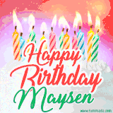 Bright birthday candles with rainbow flames on a cake, alongside the text 'Happy Birthday Maysen' in vibrant script in this celebratory animated GIF.