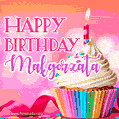 A vibrant birthday GIF featuring a rainbow-colored cupcake topped with white frosting, sprinkles, and a lit candle. The text reads 'Happy Birthday Małgorzata' in bold pink and violet letters with white outline.