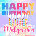 A vibrant animated name GIF with the words 'Happy Birthday Małgorzata' with colorful candles on a creamy cake. The background sparkles with pastel shades, adding a festive touch.