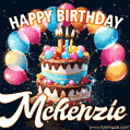 Hand-drawn happy birthday cake adorned with an arch of colorful balloons - name GIF for Mckenzie