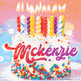 Personalized for Mckenzie elegant birthday cake adorned with rainbow sprinkles, colorful candles and glitter