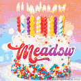 Personalized for Meadow elegant birthday cake adorned with rainbow sprinkles, colorful candles and glitter