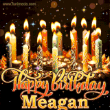 A glowing personalized birthday GIF with name Meagan featuring lit candles with intricate designs, warm lighting, and the text 'Happy Birthday' in an elegant font.
