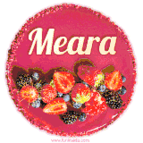 Beautifully decorated red velvet berry birthday cake with vibrant fruits and a glowing 'Meara' name, adding a touch of sweetness and sparkle.
