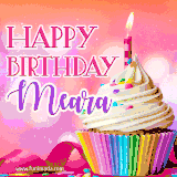A vibrant birthday GIF featuring a rainbow-colored cupcake topped with white frosting, sprinkles, and a lit candle. The text reads 'Happy Birthday Meara' in bold pink and violet letters with white outline.