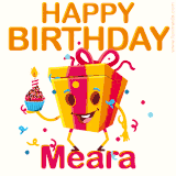 A vibrant and funny gift box character with a happy face dancing with a cupcake and the text 'Happy Birthday Meara,' surrounded by animated confetti and party vibes.