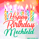 Bright birthday candles with rainbow flames on a cake, alongside the text 'Happy Birthday Mechteld' in vibrant script in this celebratory animated GIF.