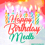 Bright birthday candles with rainbow flames on a cake, alongside the text 'Happy Birthday Medb' in vibrant script in this celebratory animated GIF.