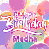 A vibrant name GIF featuring colorful balloons in shades of pink, orange, and yellow with the bold text 'Happy Birthday Medha' in festive fonts, creating a lively birthday vibe.