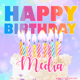 A vibrant animated name GIF with the words 'Happy Birthday Media' with colorful candles on a creamy cake. The background sparkles with pastel shades, adding a festive touch.