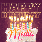 A colorful birthday cake topped with lit candles, with the words 'Happy Birthday Media' in bold glowing letters on a burgundy background. Animated flames add a festive touch.
