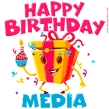 A vibrant and funny gift box character with a happy face dancing with a cupcake and the text 'Happy Birthday Media,' surrounded by animated confetti and party vibes.