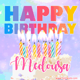 A vibrant animated name GIF with the words 'Happy Birthday Medousa' with colorful candles on a creamy cake. The background sparkles with pastel shades, adding a festive touch.