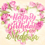A stunning heart made of pink roses surrounds the elegant script text 'Happy Birthday Medousa' on a soft beige background. Animated sparkles add a magical and festive feel.