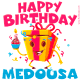 A vibrant and funny gift box character with a happy face dancing with a cupcake and the text 'Happy Birthday Medousa,' surrounded by animated confetti and party vibes.