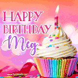 A vibrant birthday GIF featuring a rainbow-colored cupcake topped with white frosting, sprinkles, and a lit candle. The text reads 'Happy Birthday Meg' in bold pink and violet letters with white outline.