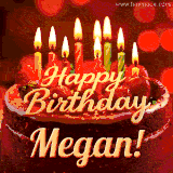 Beautifully decorated red velvet berry birthday cake with vibrant fruits and a glowing 'Megan' name, adding a touch of sweetness and sparkle.