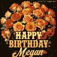Beautiful bouquet of orange and red roses for Megan, golden inscription and twinkling stars